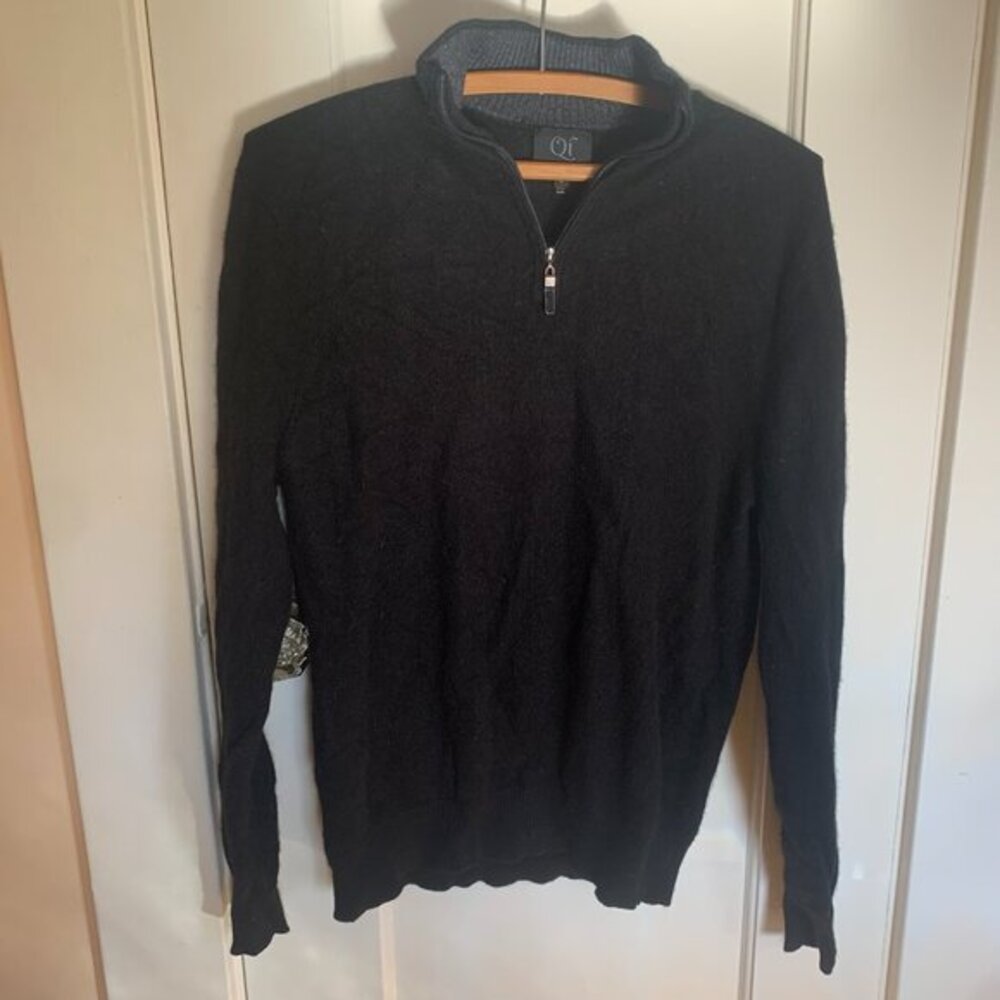 Qi Cashmere Mens Black Quarter Zip Mock Neck Sweater Large 100% Cashmere Luxury‎